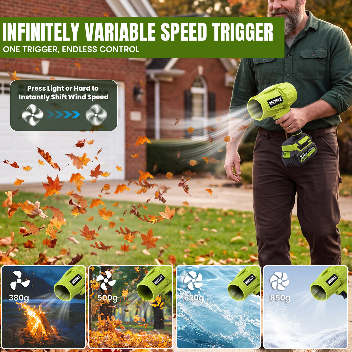 SEEVOLX 1500G Brushless Handheld Cordless Turbor With 2* 21V 3.0AH Battery